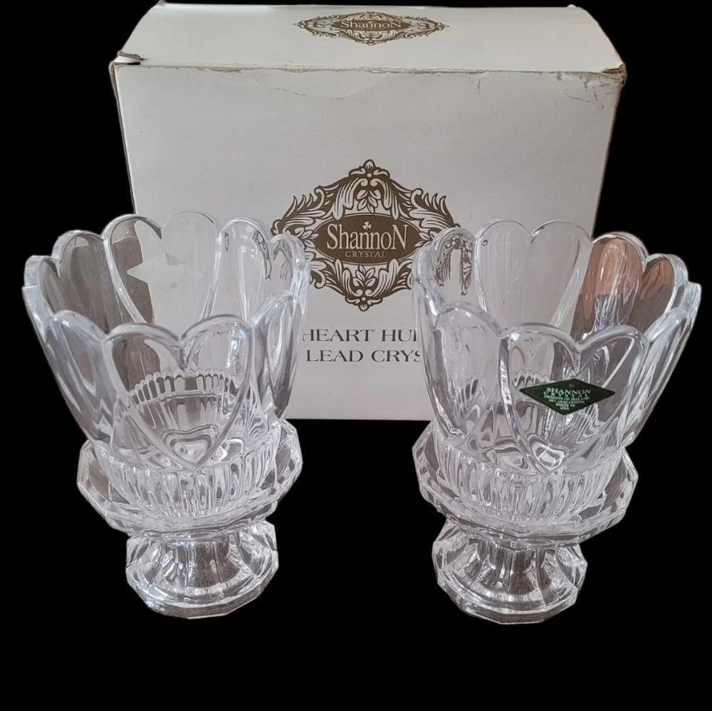 Shannon Crystal Pair of Heart Hurricane 24% Lead Crystal Candle Holders with Box